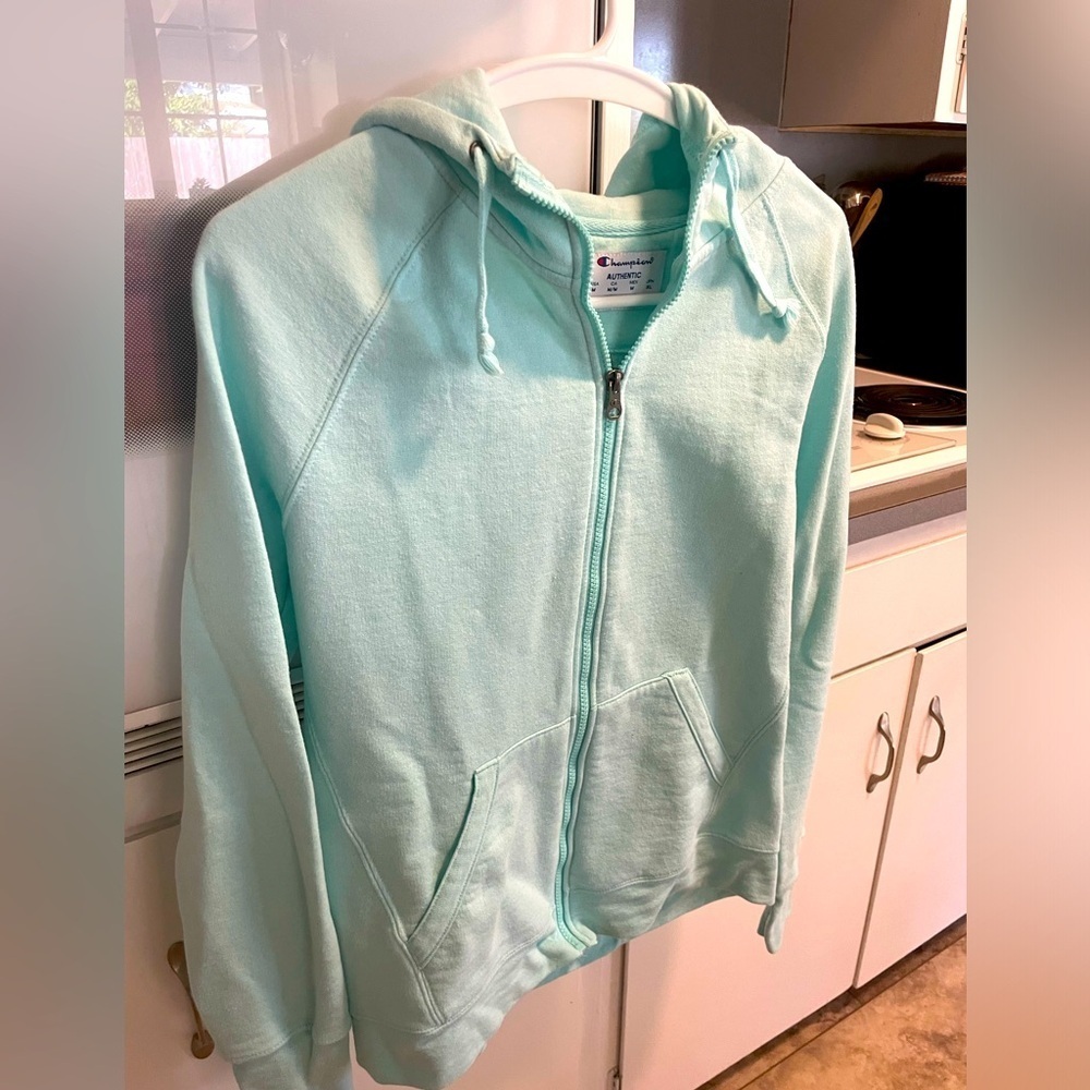 Champion Womens Full Zip Hoodie Sweatshirt Teal Blue‎ Mint Raglan Sleeve M